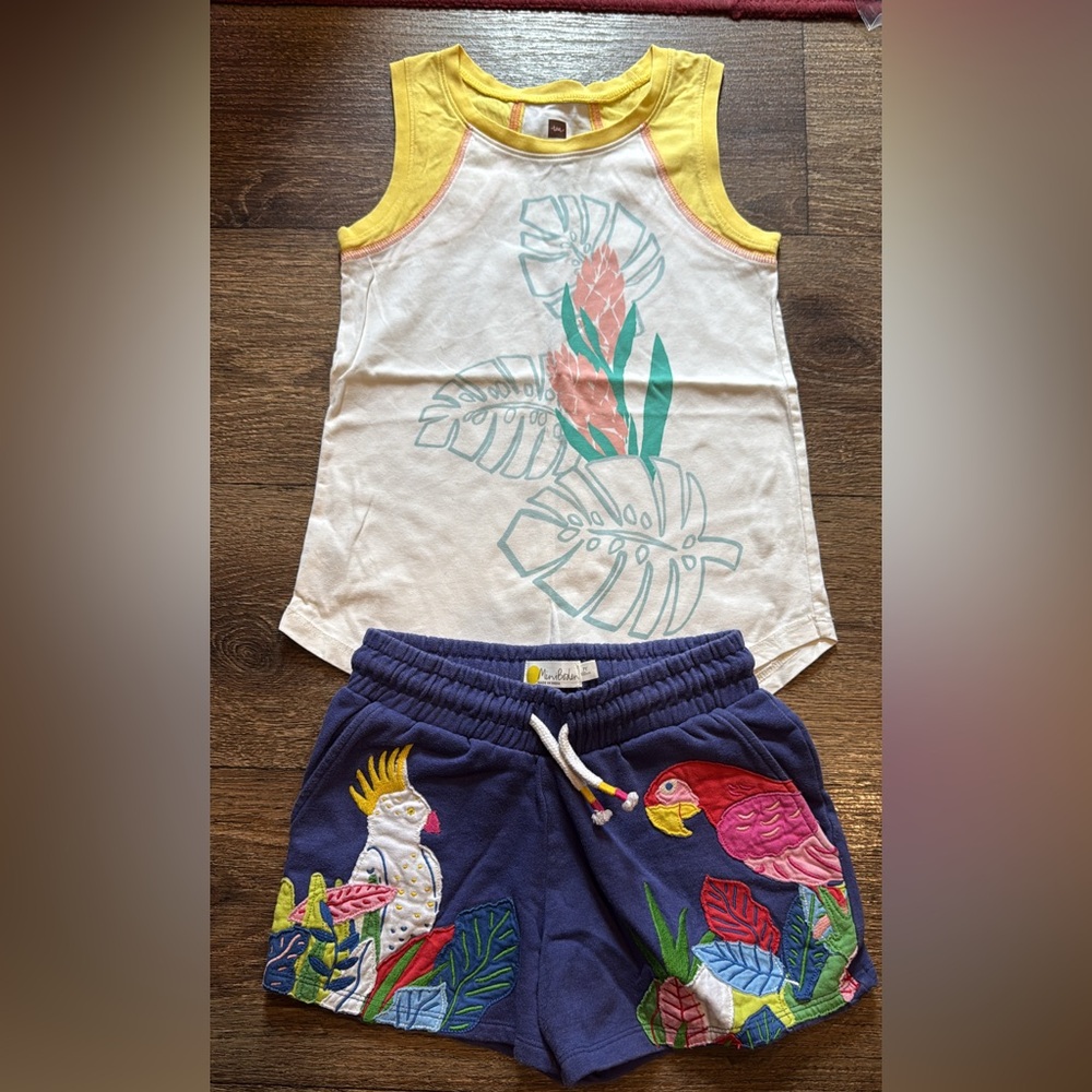 SOLD- Tea Collection Colorful Parrot Embroidered Shorts and Tropical Tank Set